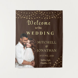 Elegant Brown & Gold String Lights Wedding Tapestry