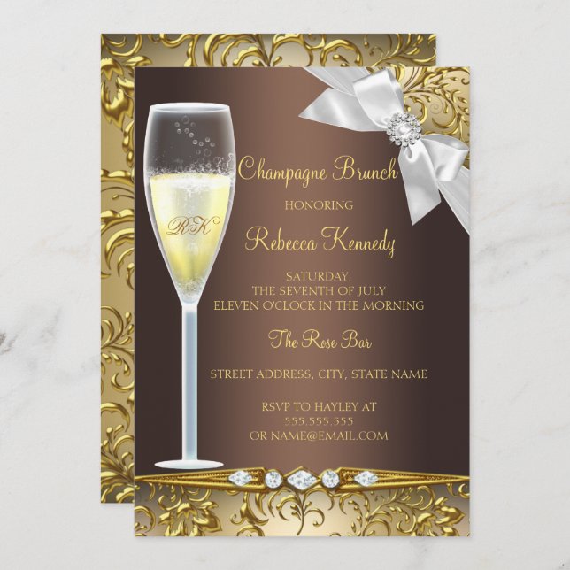 Elegant Brown Gold White Champagne Brunch Invite (Front/Back)