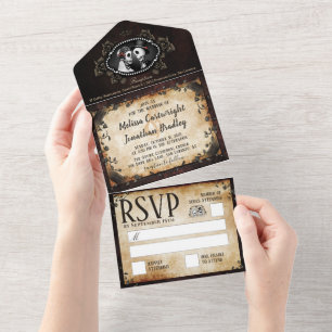 Elegant Brown Gothic Wedding Skeletons All In One Invitation
