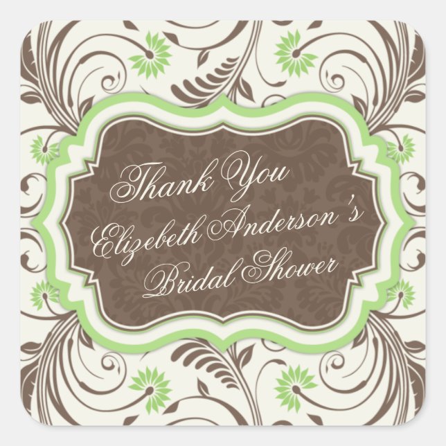 Elegant Brown Green Floral Bridal Shower Favour Ta Square Sticker (Front)