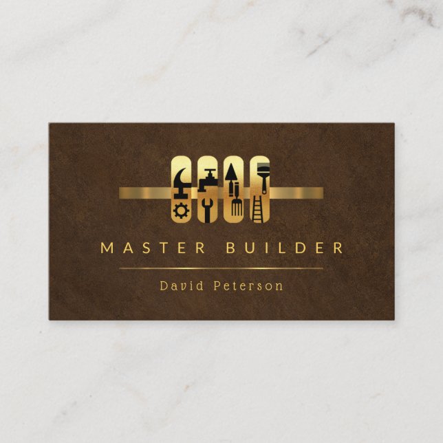 Elegant Brown Grunge Gold Tools Tab Business Card (Front)
