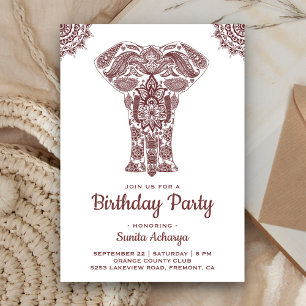 Elegant Brown Henna Elephant Birthday Party Invitation