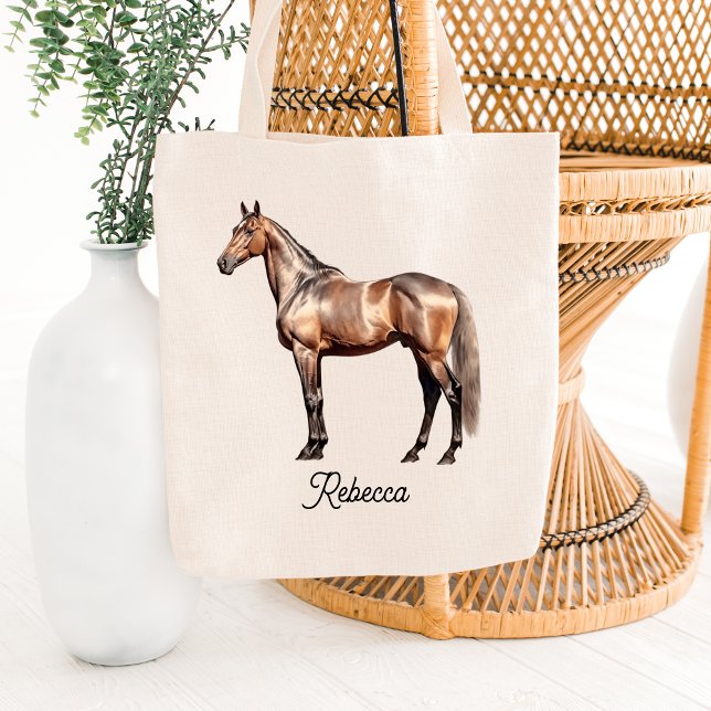 Elegant Brown Horse Equestrian Custom Script Name Tote Bag (Creator Uploaded)