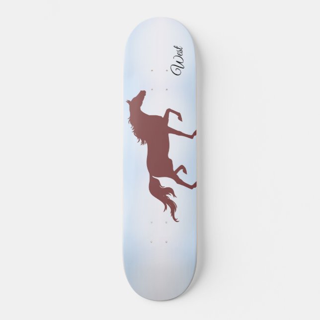 Elegant brown horse silhouette on sky blue skateboard (Front)