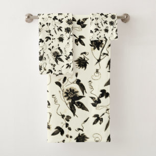 Elegant Brown Ivory Passion Flowers Pattern Bath Towel Set