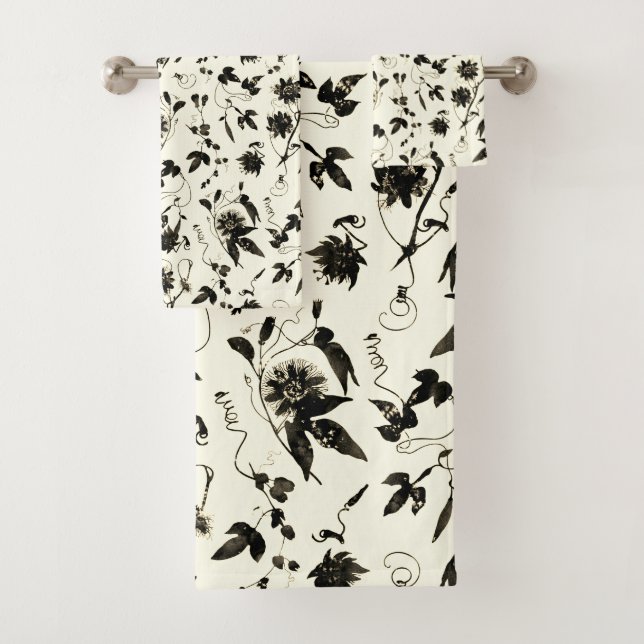 Elegant Brown Ivory Passion Flowers Pattern Bath Towel Set (Insitu)