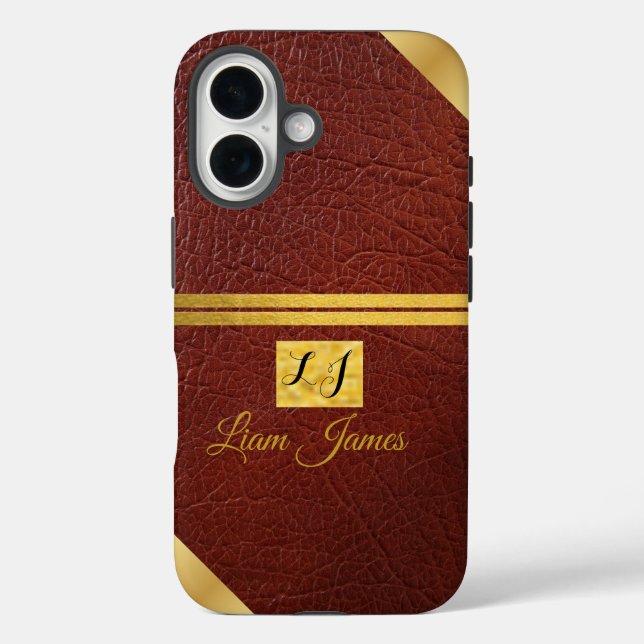 Elegant brown leather gold monogram phone case (Back)