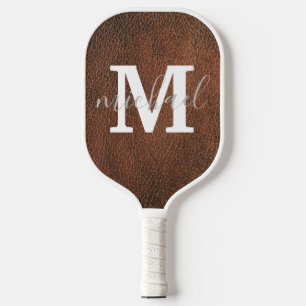 elegant brown leather monogram personalised pickleball paddle