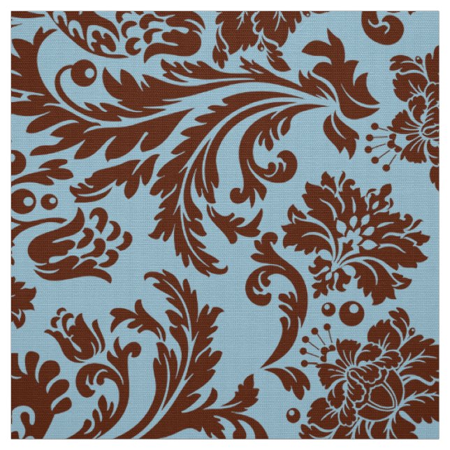 Elegant Brown & Light Blue Floral Damasks Fabric (Swatch)