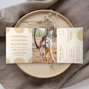Elegant Brown Mandala Traditional Indian Wedding Tri-Fold Invitation