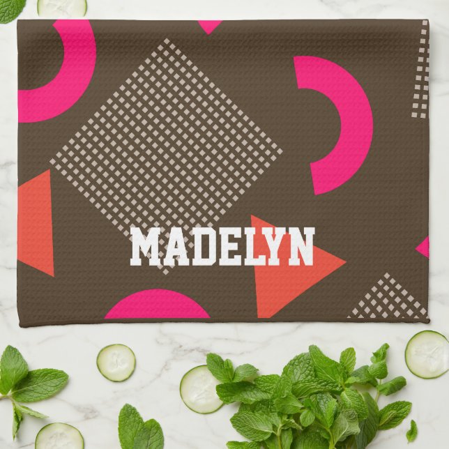 Elegant Brown Orange Geometric Personalised Name  Tea Towel (Folded)