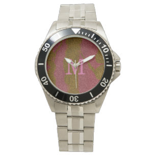 Elegant Brown Pink Glitter Monogram Watch