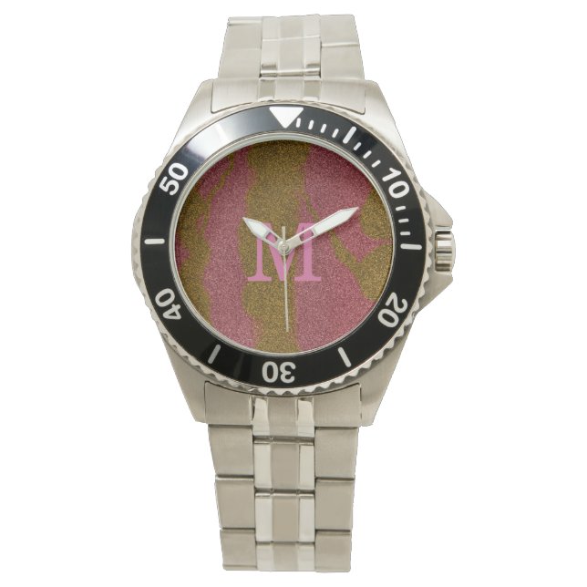 Elegant Brown Pink Glitter Monogram  Watch (Front)