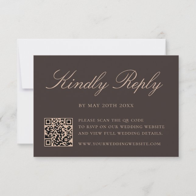 Elegant Brown QR Code Wedding RSVP Card (Front)