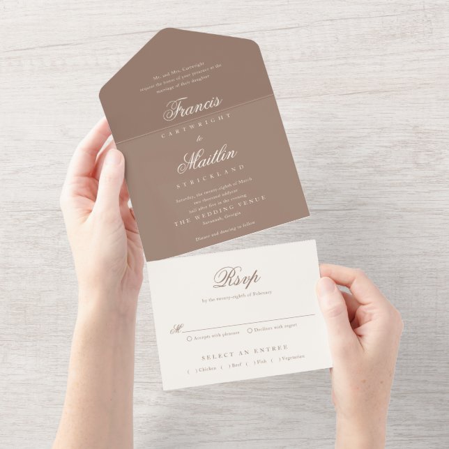 Elegant Brown Romantic Wedding All In One Invitation (Tearaway)
