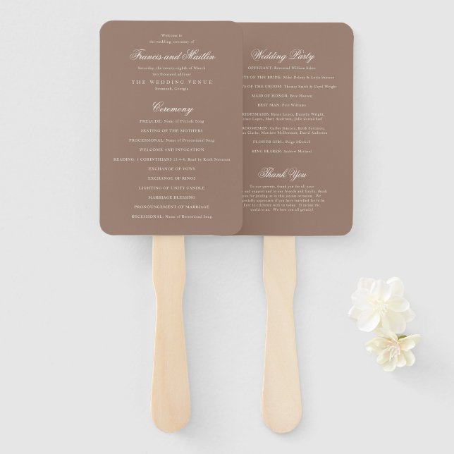 Elegant Brown Romantic Wedding Program Hand Fan (Front and Back)