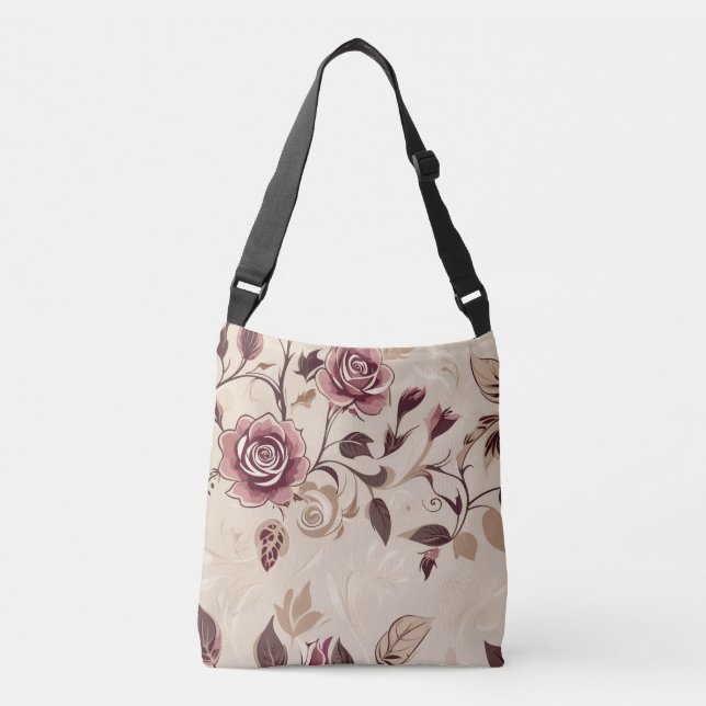 Elegant Brown Rose Pattern Crossbody Bag (Front)