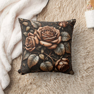 Elegant Brown Rose Relief Against Dark Background Cushion