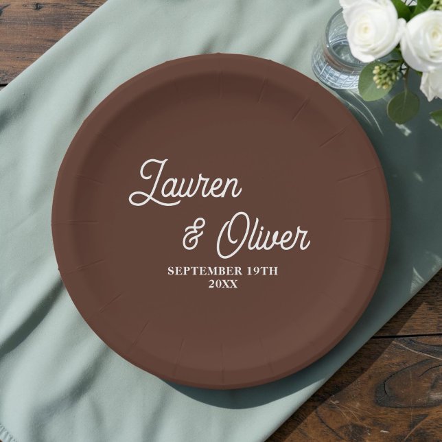 Elegant Brown Script Minimalist Wedding Paper Plate (Creator Uploaded)