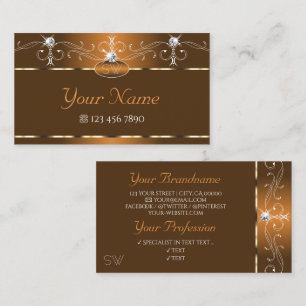 Elegant Brown Squiggles Sparkle Diamonds Monogram Business Card