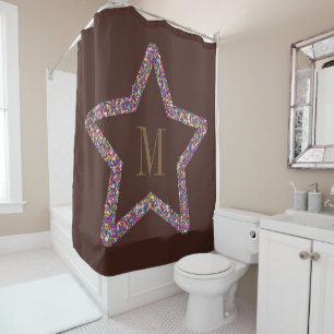 Elegant brown star glitter monogram shower curtain