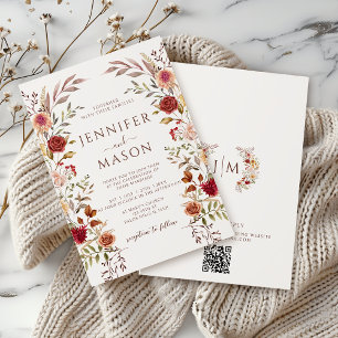 Elegant Brown Terracotta Fall Floral Wedding QR Invitation