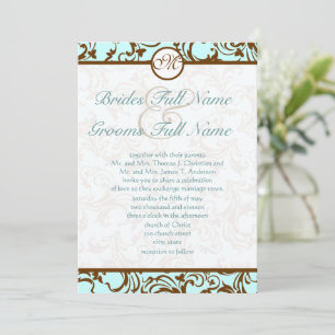 Elegant Brown Vintage Damask on Light Aqua Blue Invitation