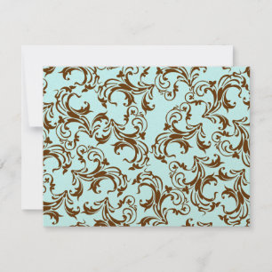 Elegant Brown Vintage Damask on Light Aqua Blue RSVP Card
