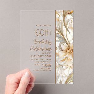 Elegant Brown Watercolor Floral 60th Birthday Acrylic Invitations