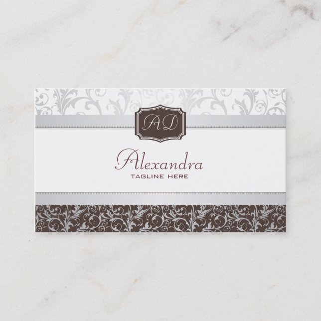 Elegant Brown & White Damask Pattern-Template Business Card (Front)