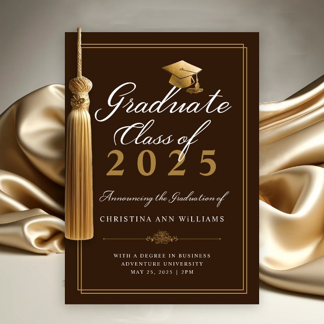 Elegant Brown White Gold Script College Graduation Announcement (Elegant Brown Gold Script College Class of 2025 Graduation Announcement)