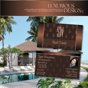 Elegant Brown with Photo and Chic Monogram Pattern Business Card