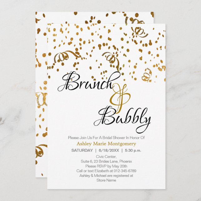 Elegant Brunch Bubbly Bridal Shower Gold Confetti Invitation (Front/Back)