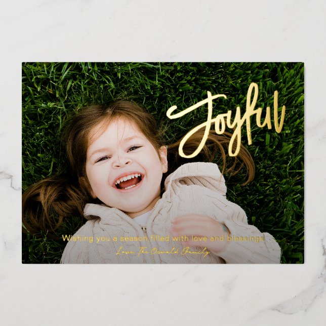 Elegant Brush Script Joyful Photo Modern Christmas Foil Holiday Card (Front)