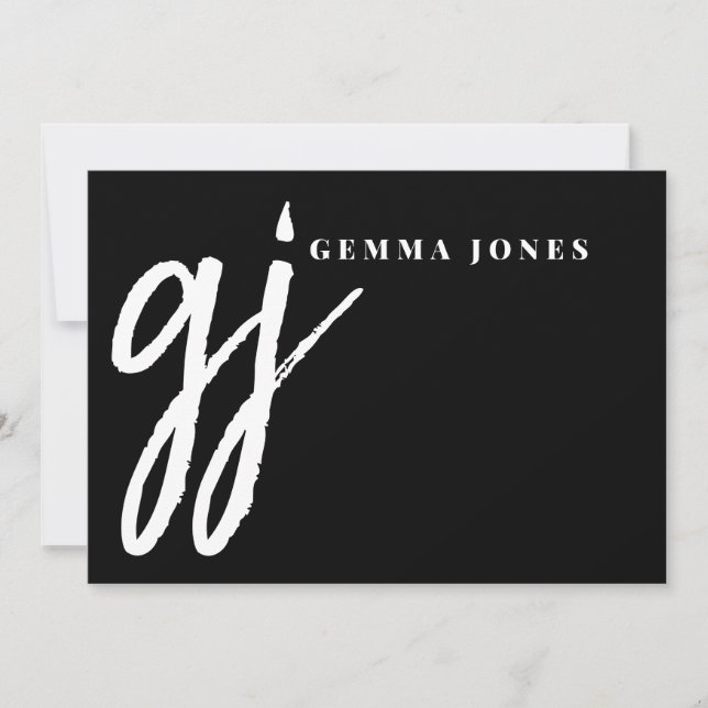 Elegant Brush Script White Monogram Black  Card (Front)