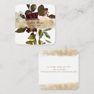 Elegant Brush Stroke,Burgundy Flowers Square Business Card