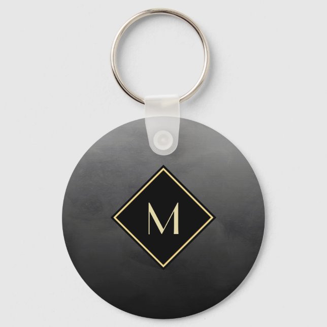Elegant Brushed Black With Simple Gold Monogram Key Ring (Front)