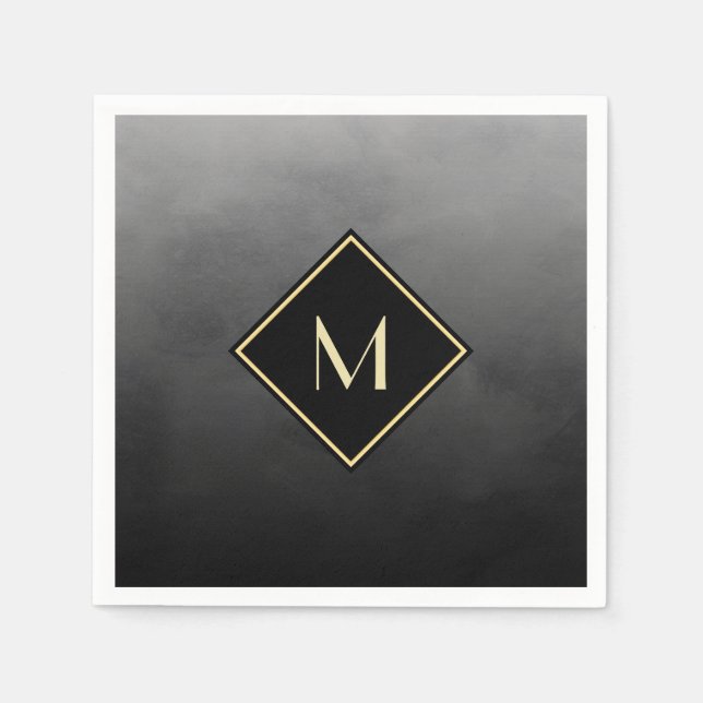 Elegant Brushed Black With Simple Gold Monogram Napkin (Front)