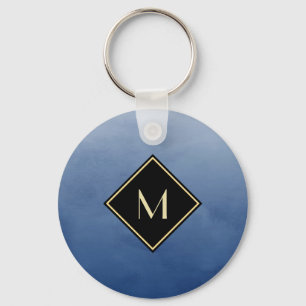 Elegant Brushed Blue With Simple Gold Monogram Key Ring