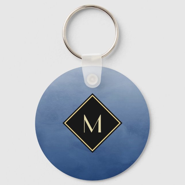 Elegant Brushed Blue With Simple Gold Monogram Key Ring (Front)