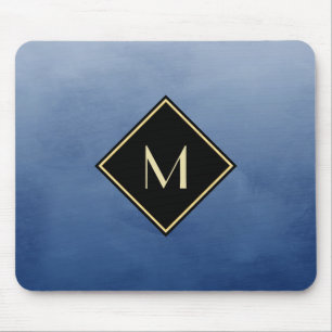 Elegant Brushed Blue With Simple Gold Monogram Mouse Pad