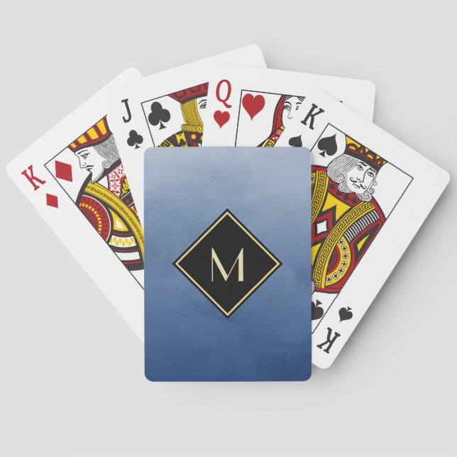 Elegant Brushed Blue With Simple Gold Monogram Playing Cards (Back)