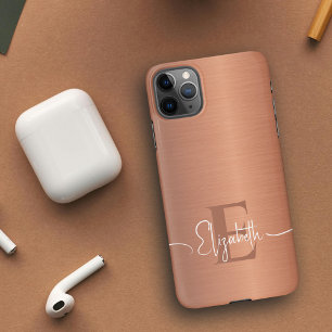 Elegant Brushed Copper Metal Luxury Monogrammed iPhone 16 Case