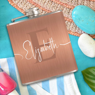 Elegant Brushed Copper Metal Script Monogrammed Hip Flask