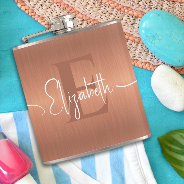 Elegant Brushed Copper Metal Script Monogrammed Hip Flask (Creator Uploaded)