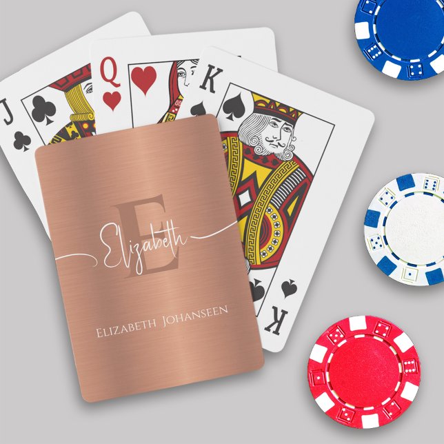 Elegant Brushed Copper Metal White Script Monogram Playing Cards (Creator Uploaded)
