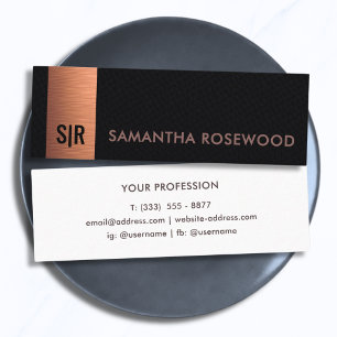 Elegant Brushed Copper Monogram Black Leather Mini Business Card