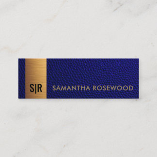 Elegant Brushed Gold Monogram Blue Leather Mini Business Card