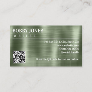 Elegant Brushed Green Foil Metallic QR Code Business Card