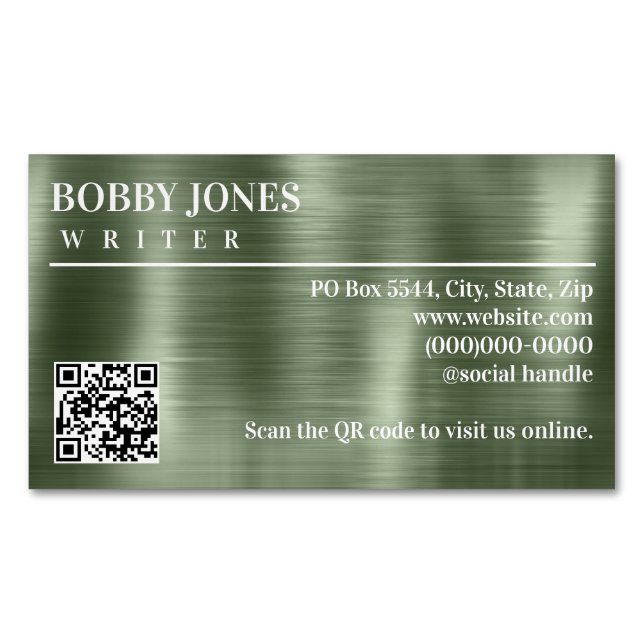 Elegant Brushed Green Foil Metallic QR Code Magnetic Business Card (Front)